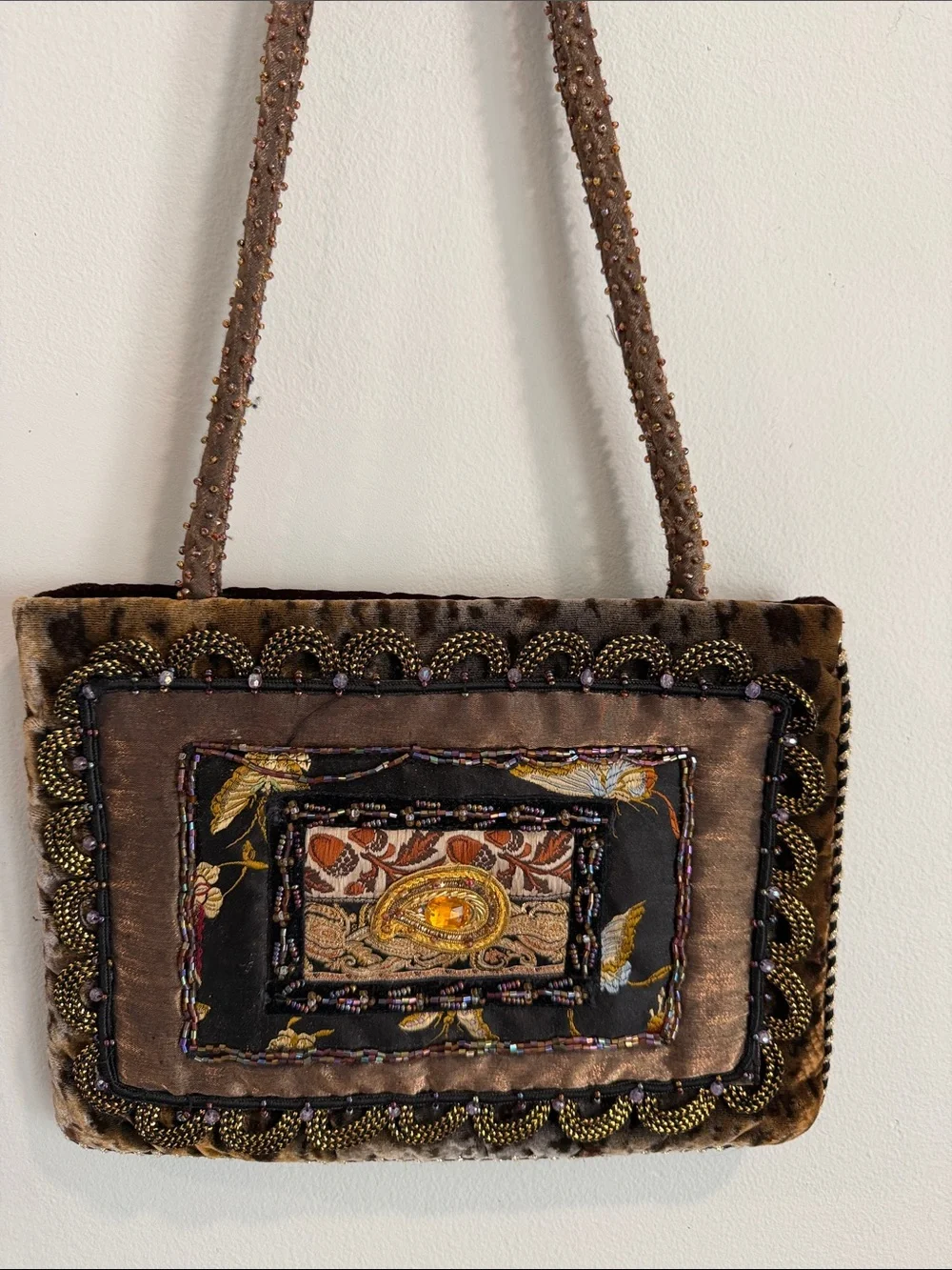 Beaded Floral Accent Brown Shoulder Bag very unique